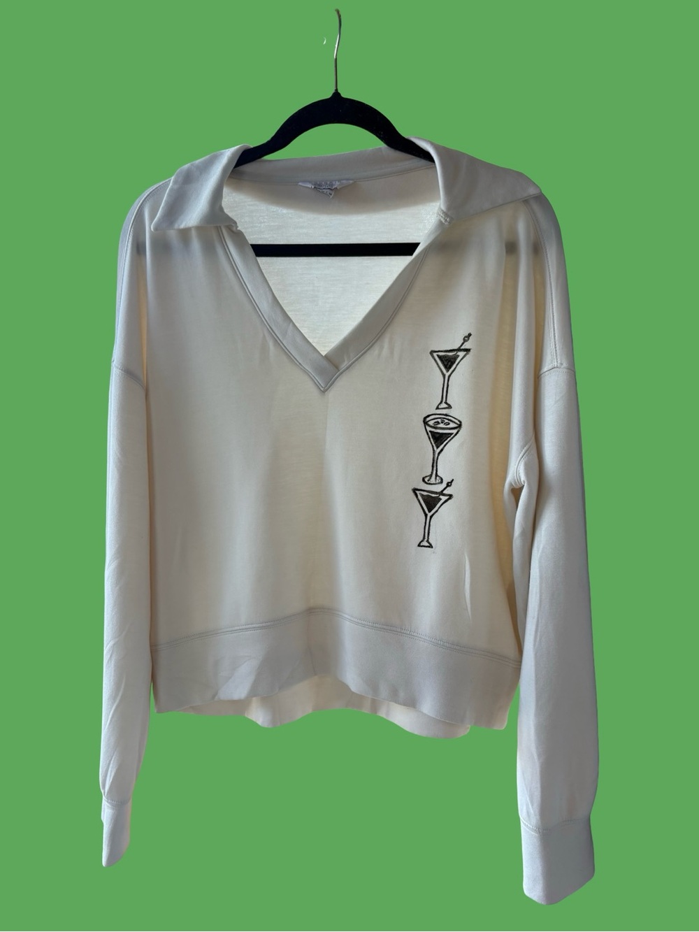 Danskin Cream V-Neck Sweater with Martini Glass Custom Hand Printed Size M